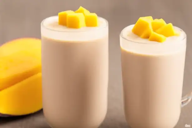 97 Batido de proteínas casero de suero de leche con mango y yogur griego